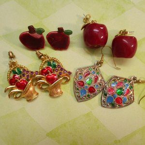 Red Green Gold Apple Theme Dangle Pierced Earrings